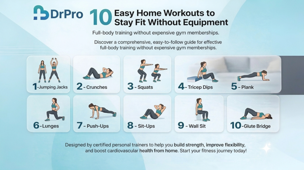 Stay fit at home with these 10 easy no-equipment workouts. Perfect for beginners to build strength, burn fat, and improve fitness anytime, anywhere.